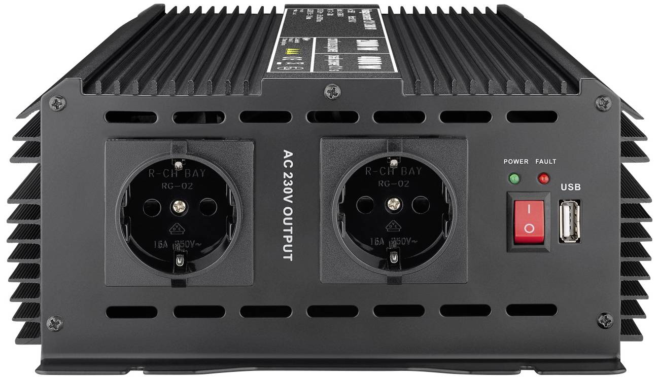 Två svarta stickkontaktsadaptrar med 230V-utgång och USB-port. Indikatorlampor för ström- och felmeddelanden.