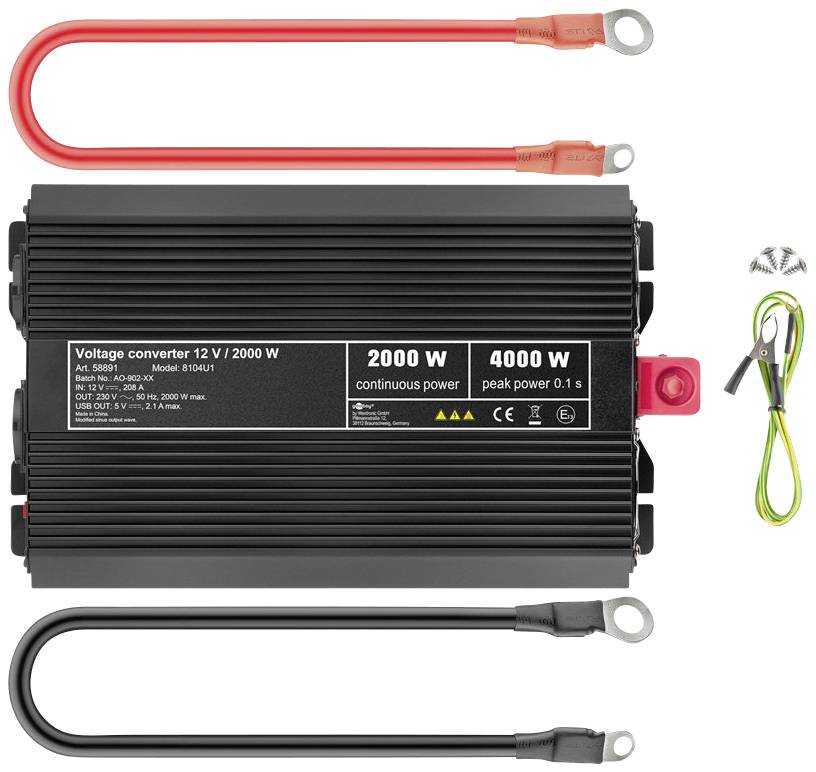 Spänningsomvandlare, 12 V, 2000 W, med rött och svart kabel samt litet skruvset.