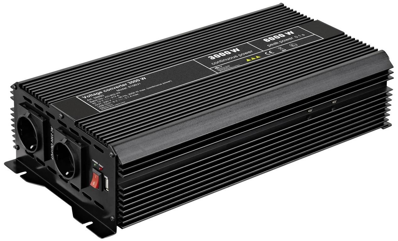 Svart spänningstransformator med två vägguttag, en strömbrytare och effektspecifikationer på ovansidan (3500 W, 8500 W max.).
