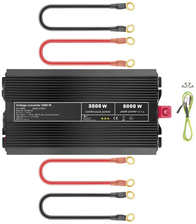 Spänningsomvandlare 3000 W, 6000 W toppeffekt, med röda och svarta kablar och skruvar, för kontinuerlig strömförsörjning.