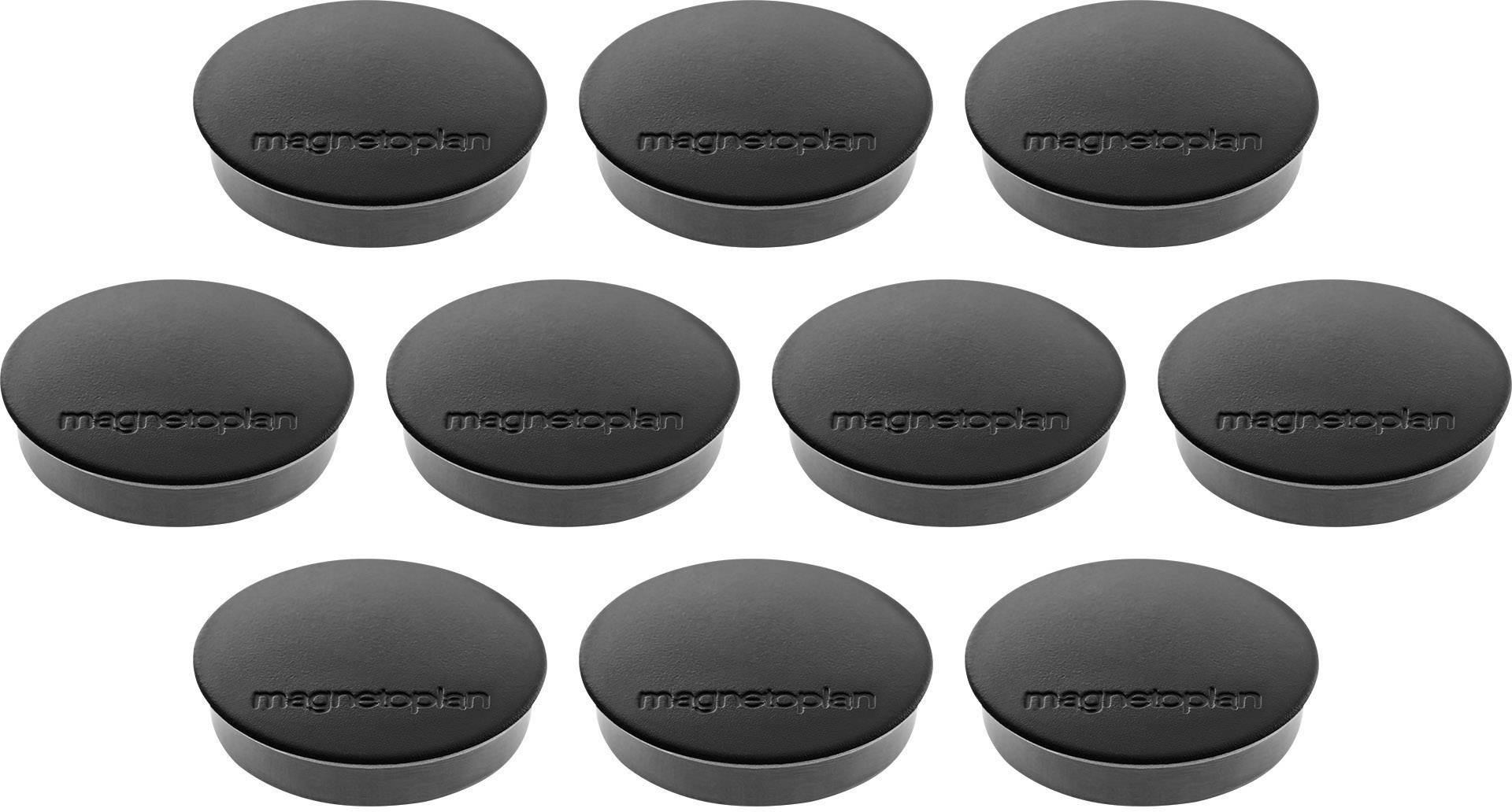 Tio runda, svarta magneter med texten 'magnoplan', jämnt fördelade i två rader.