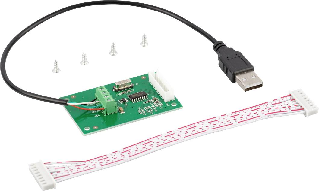USB-kabel anslutet till ett grönt kretskort, flankerat av fyra silversskruvar och en platt vit datakabel.