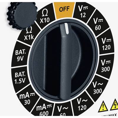 Multimeterns vridomkopplare med olika inställningar för spänning (V~), ström (mA), resistans (Ω) och batteritestare (BAT).