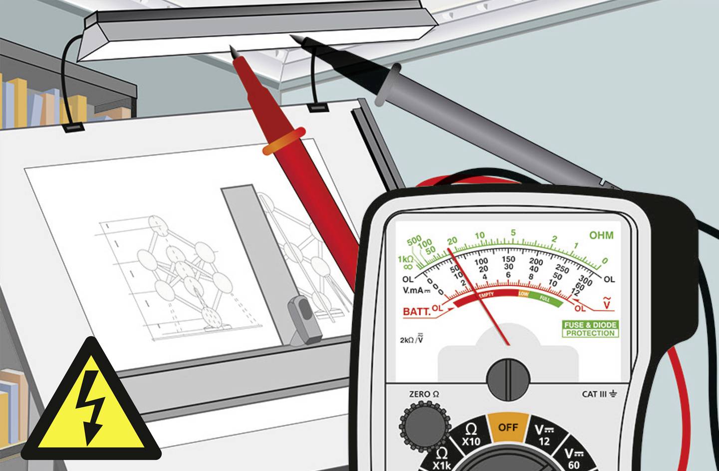 En multimeter mäter spänningen på en kopplingstavla. Ritningar av ett kopplingsschema ligger under. Varningssignal för högspänning synligt.