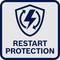 Bilden visar en skylt med texten 'Restart Protection' och en blixtsymbol i en cirkulär pil.