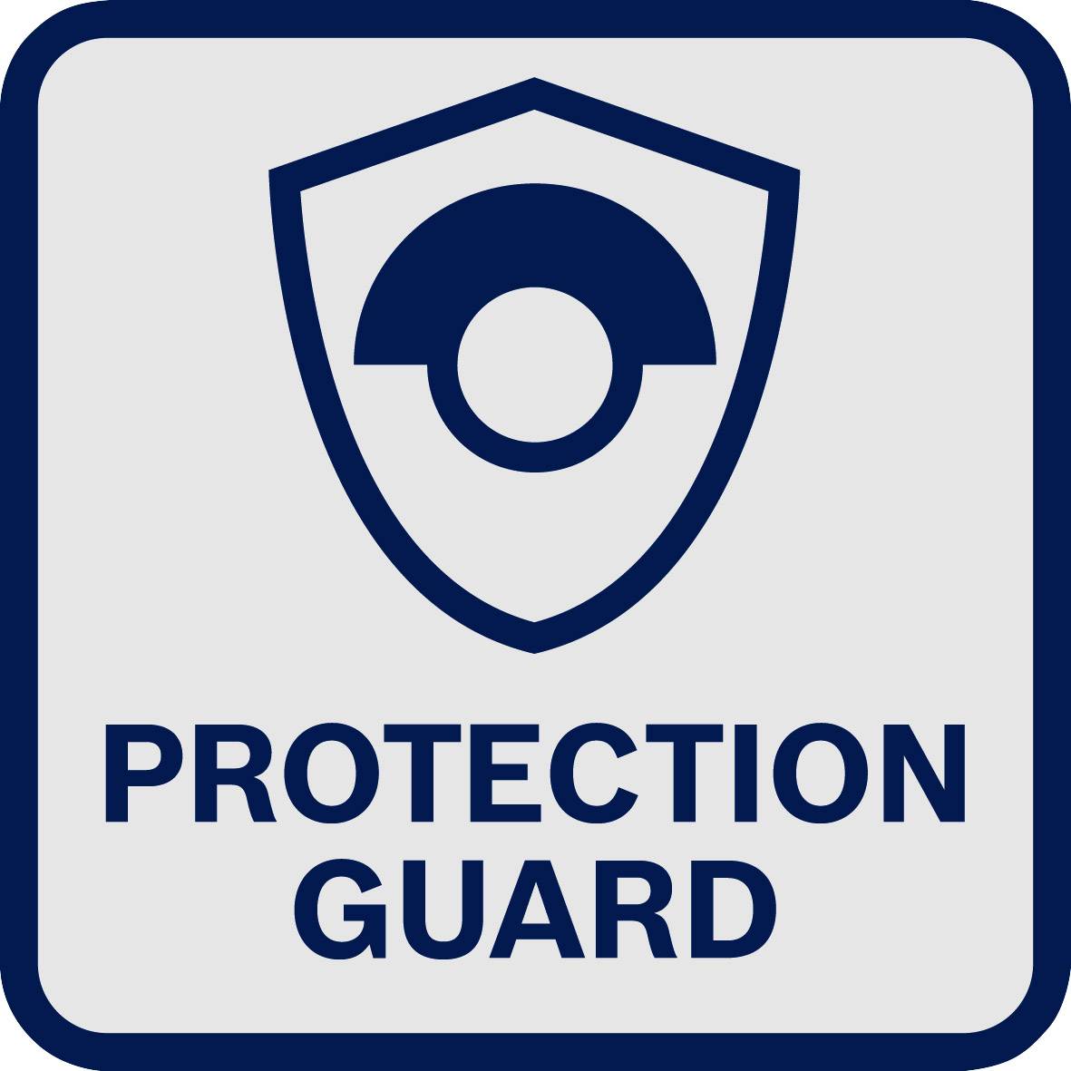 En grå skylt med en blå sköldsymbol och texten 'Protection Guard'.