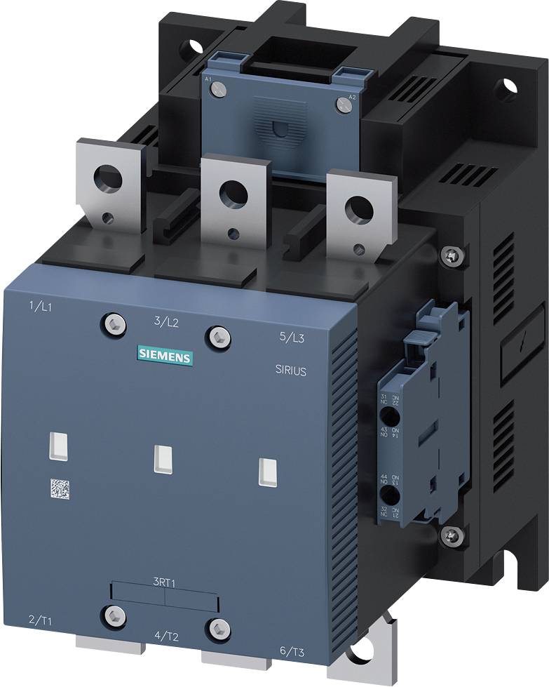 Siemens SIRIUS 3RT1 kontaktor för industriella styrsystem, visad i frontvy med varumärkeslogotyp och modellinformation.