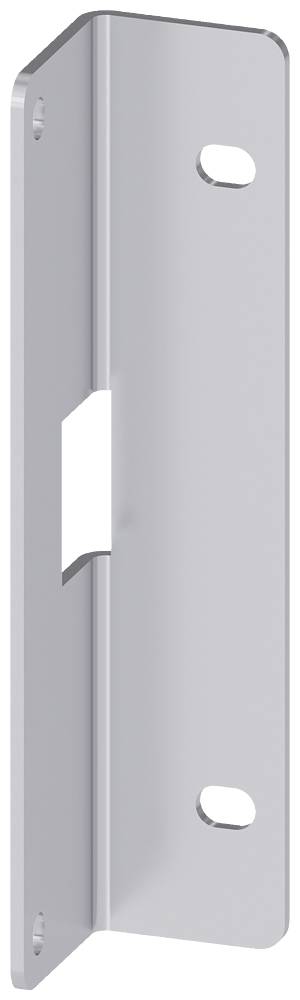 Silvermetallhållare med fyra fästhål och ett rektangulärt utsnitt i mitten.
