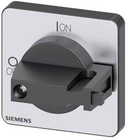 En kvadratisk strömbrytare från Siemens visar två lägen: 'PÅ' (påslagen) och 'AV' (avslagen). Strömbrytaren är för närvarande i läget 'PÅ'.