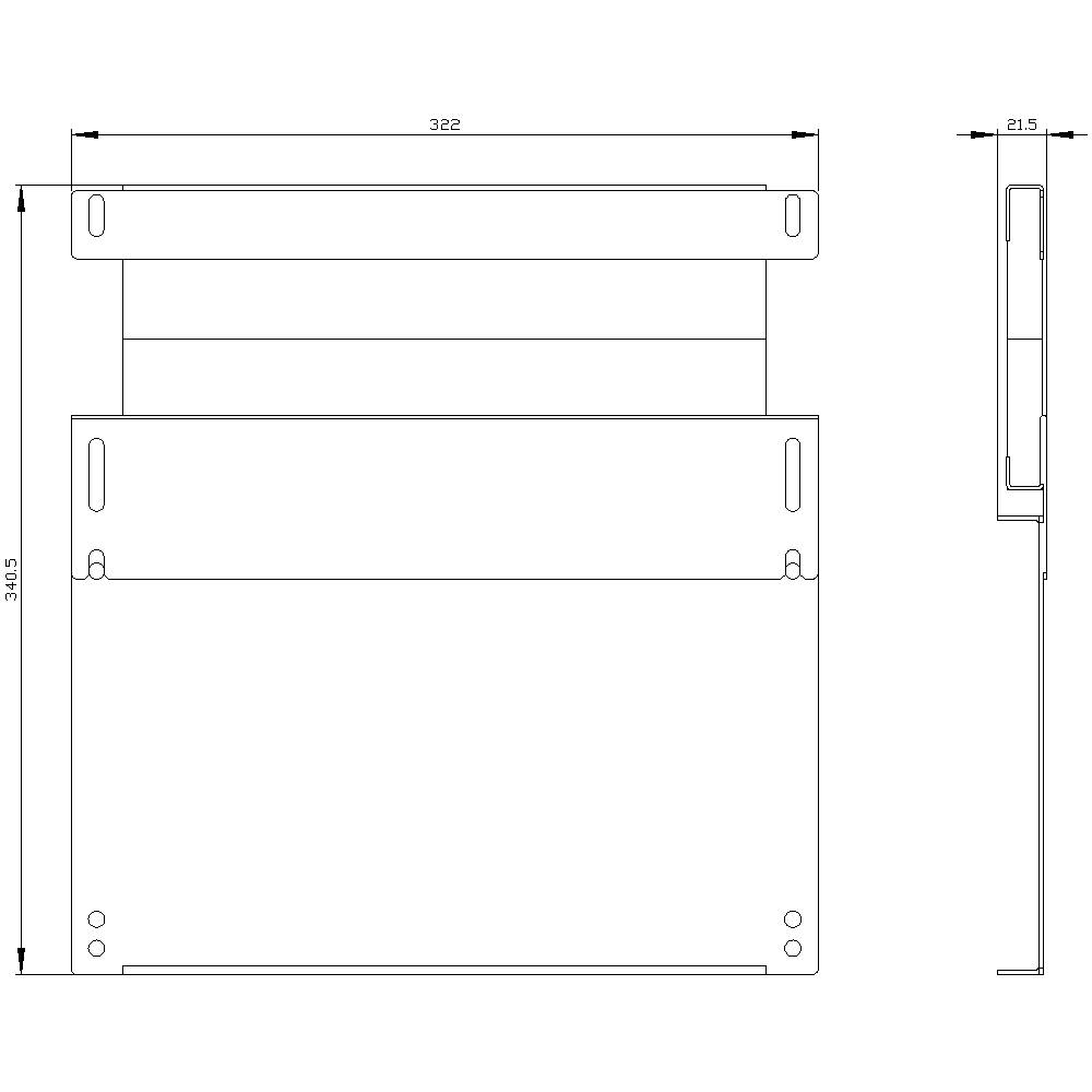 Teknisk ritning av en rektangulär enhet med mått: 322 mm bredd, 305 mm höjd, 215 mm djup. Sido- och frontvy.