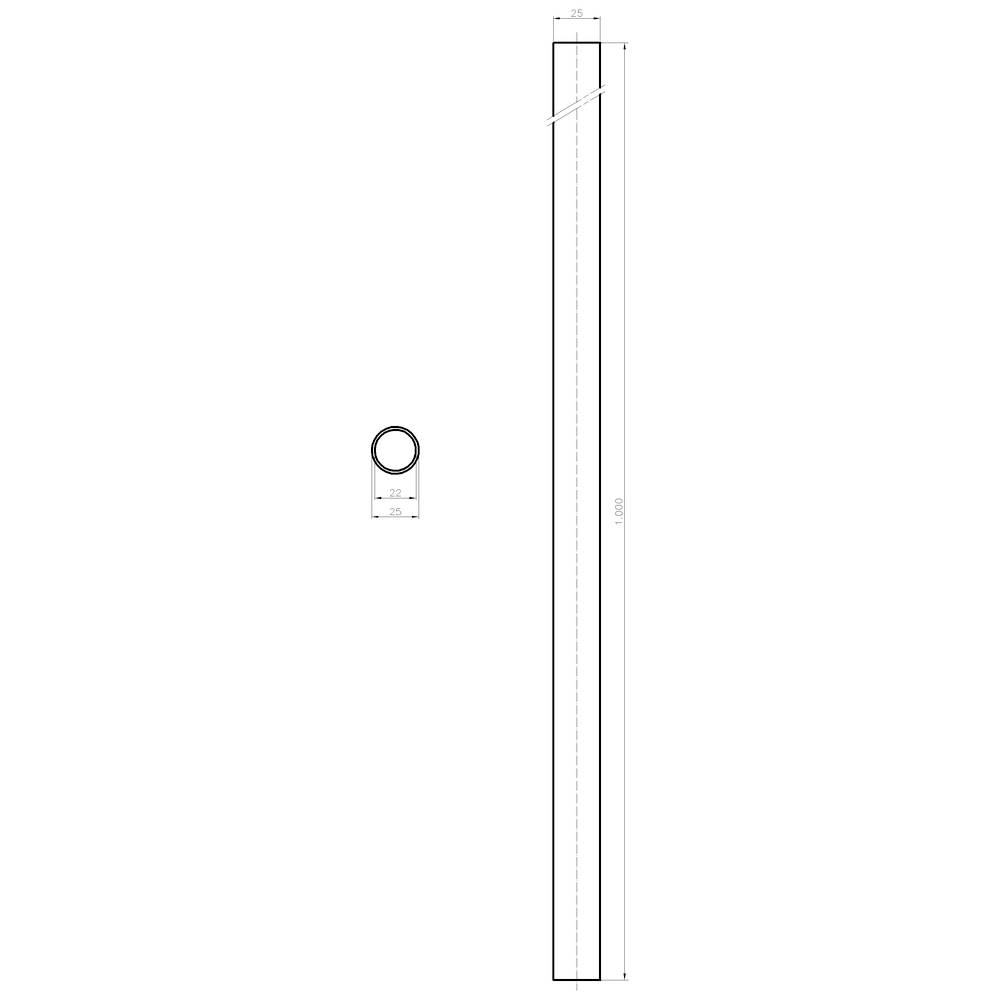 Teknisk ritning av en lång cylinder med mått: Diameter 25 mm, längd 2000 mm. Sido- och tvärsnittsvy presenterad.