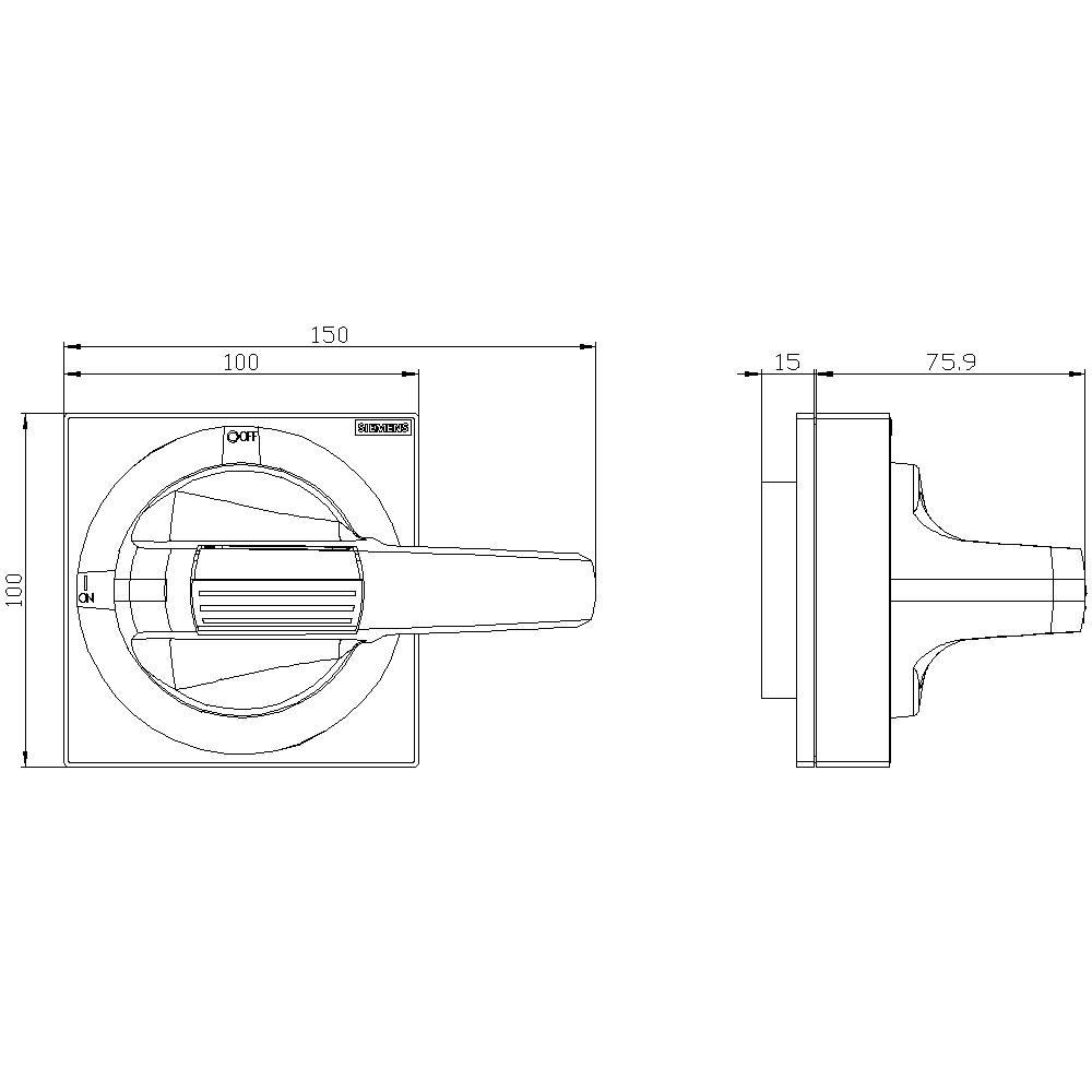 Teknisk ritning av en hävarm med dimensioner: bredd 100 mm, längd 150 mm, sidovy visar höjd 15 mm och djup 75,9 mm.