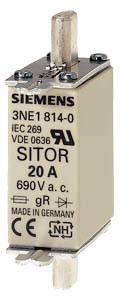 En säkring från Siemens, modell 3NE1 814-0, 20 A, 690 V AC, typ 'SITOR', tillverkad i Tyskland.