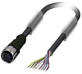 Ett elektriskt kabel med flerfärgade, avklädda ändar och en rund, silverfärgad kontakt, redo att anslutas.