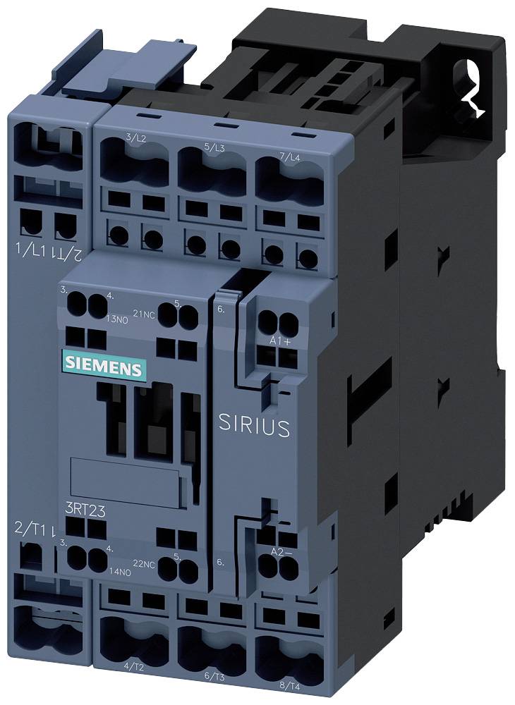 En blå Siemens Sirius kontaktor med svarta och grå komponenter, modellnummer 3RT123. Kopplingsapparatkomponent för industriella tillämpningar.