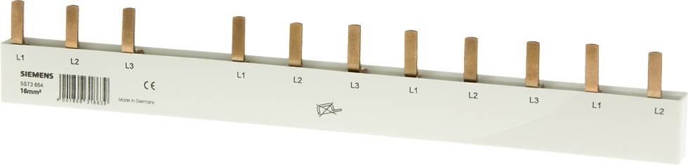 En fasfördelningslist med elva kopparspår, märkt med 'L1' och 'L2'. Produkt från Siemens, modellnummer igenkännbar.