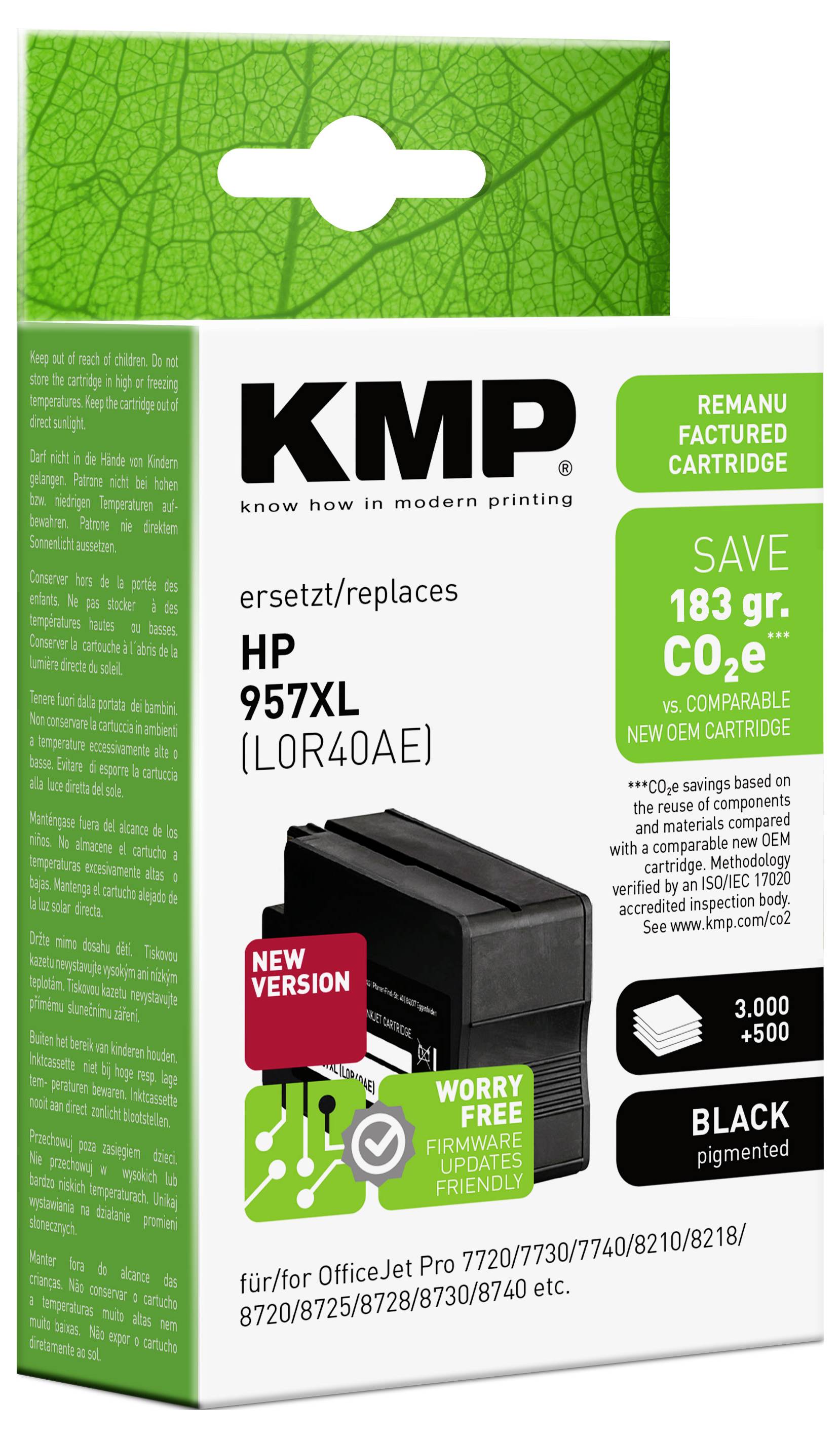 KMP ersättningspatron svart bläck för HP 957XL, märkt "spara 183 g CO2e" och "orocsfritt, fri kompatibilitet användarvänlig".
