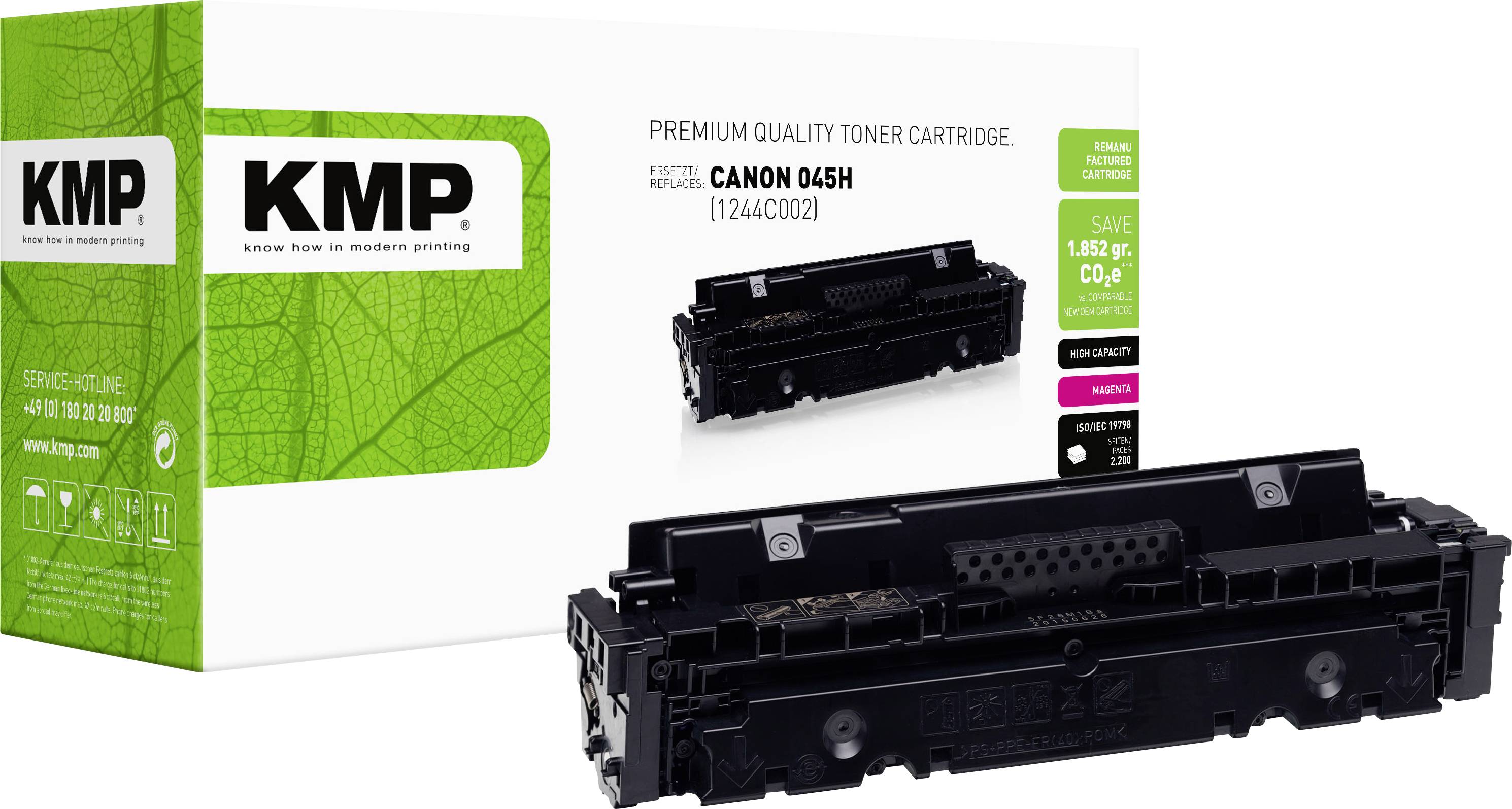 KMP premiumkvalitets tonerkassett för Canon 045H, visas med grön förpackning och en svart tonerenhet.
