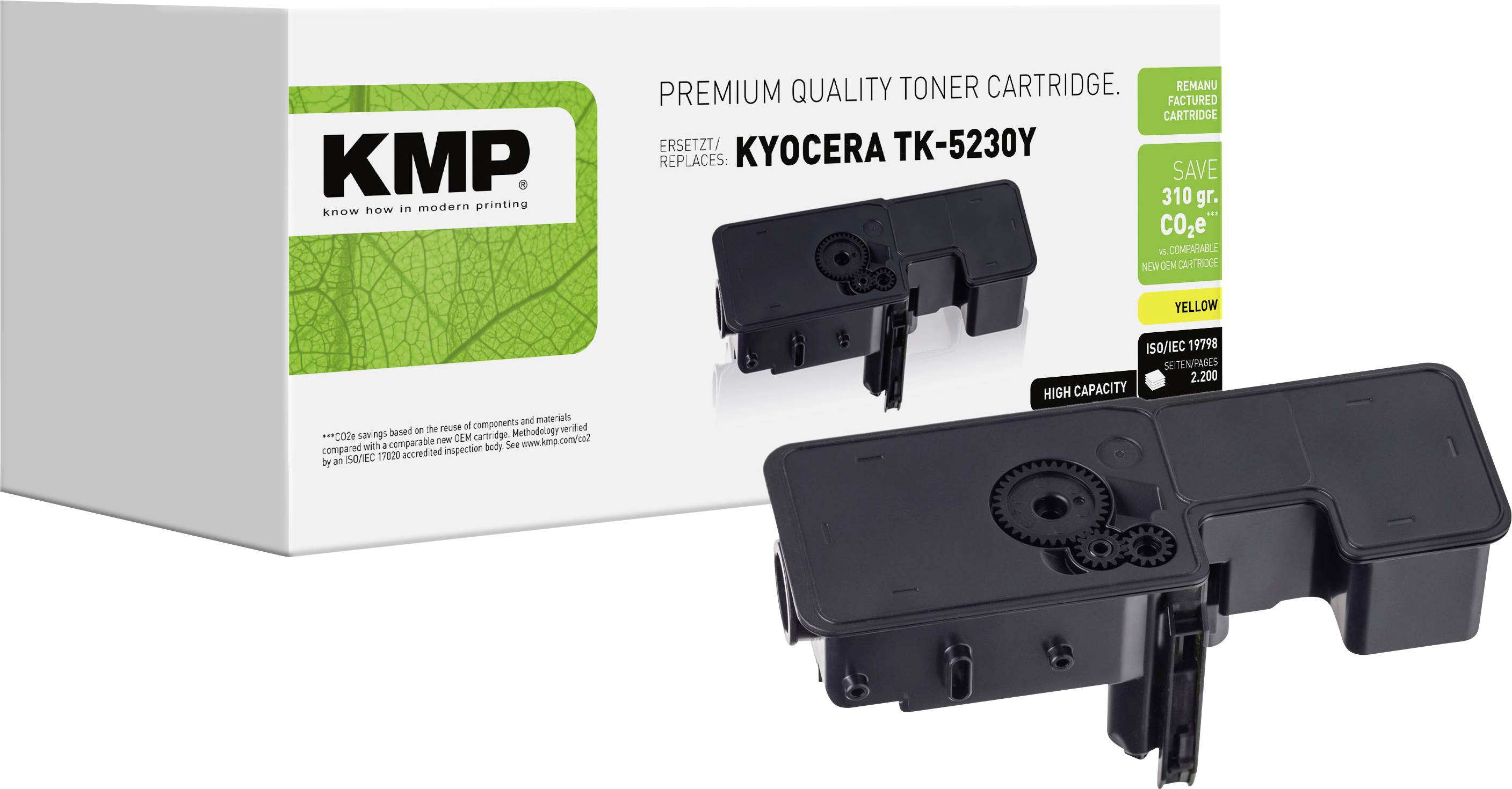 KMP premium kvalitetstoner för Kyocera TK-5230Y, visad med produktlåda och svart tonerkassett på vit bakgrund.