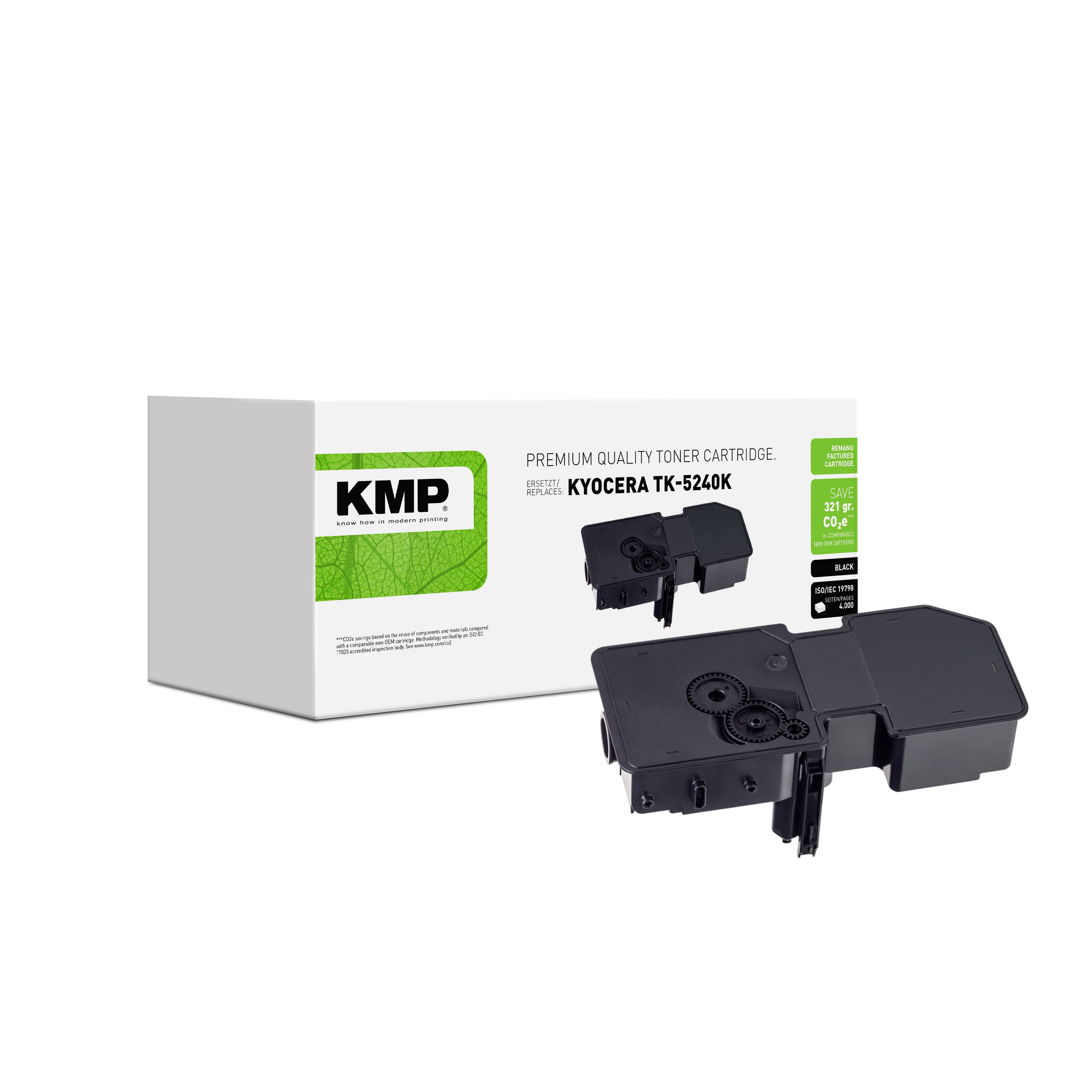 KMP premiumkvalitets tonerkassett för Kyocera TK-5240K, visad med produktförpackning och svart kassett på vit bakgrund.