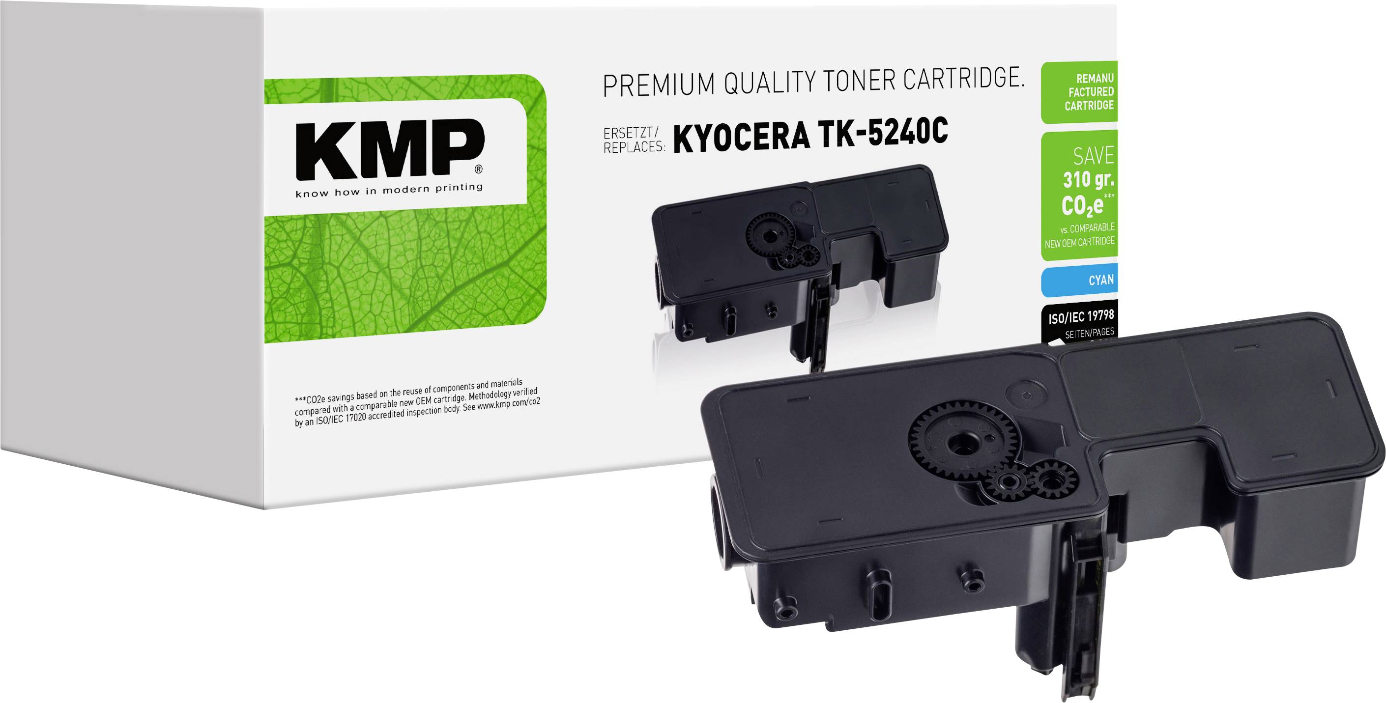 KMP-premiumkvalitetstoner för Kyocera TK-5240C, visad i förpackningen med den svarta patronen framför.