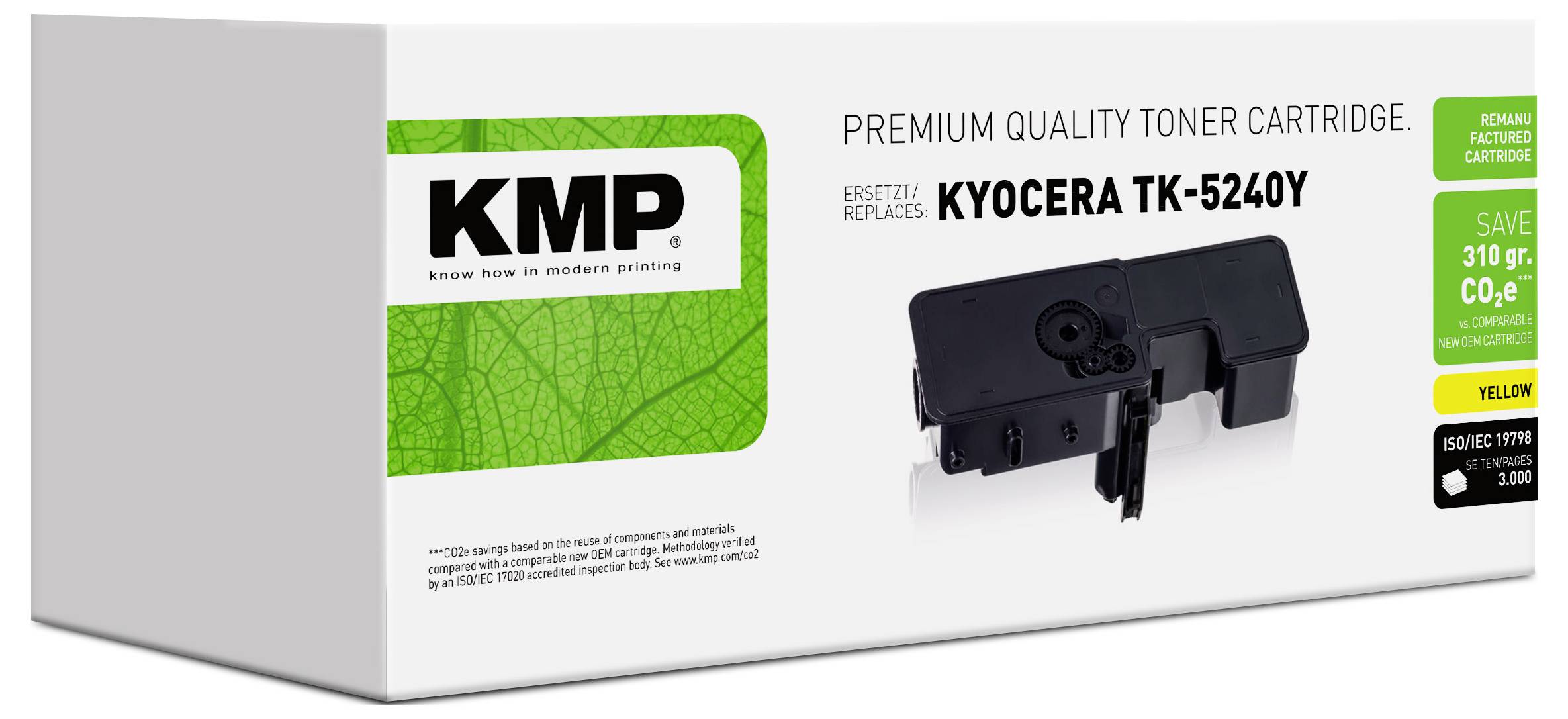 KMP premiumkvalitets tonerpatron för Kyocera TK-524Y, visas med patronbild och gröna eco-etiketter på förpackningen.