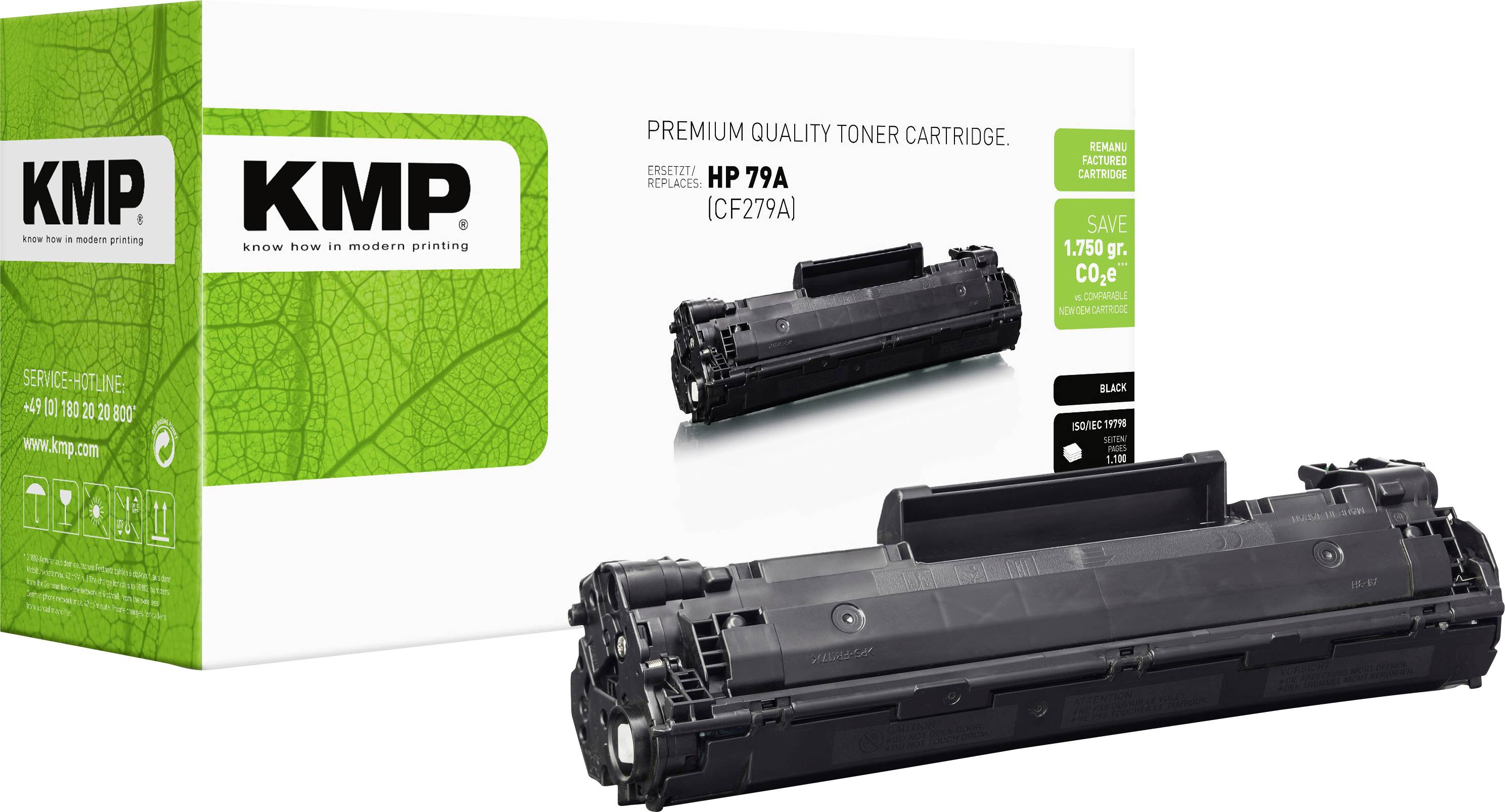 KMP premiumkvalitets tonerkassett för HP 79A (CF279A), visad med produktlåda och svart kassett på vit bakgrund, med grönt sparetikkett.