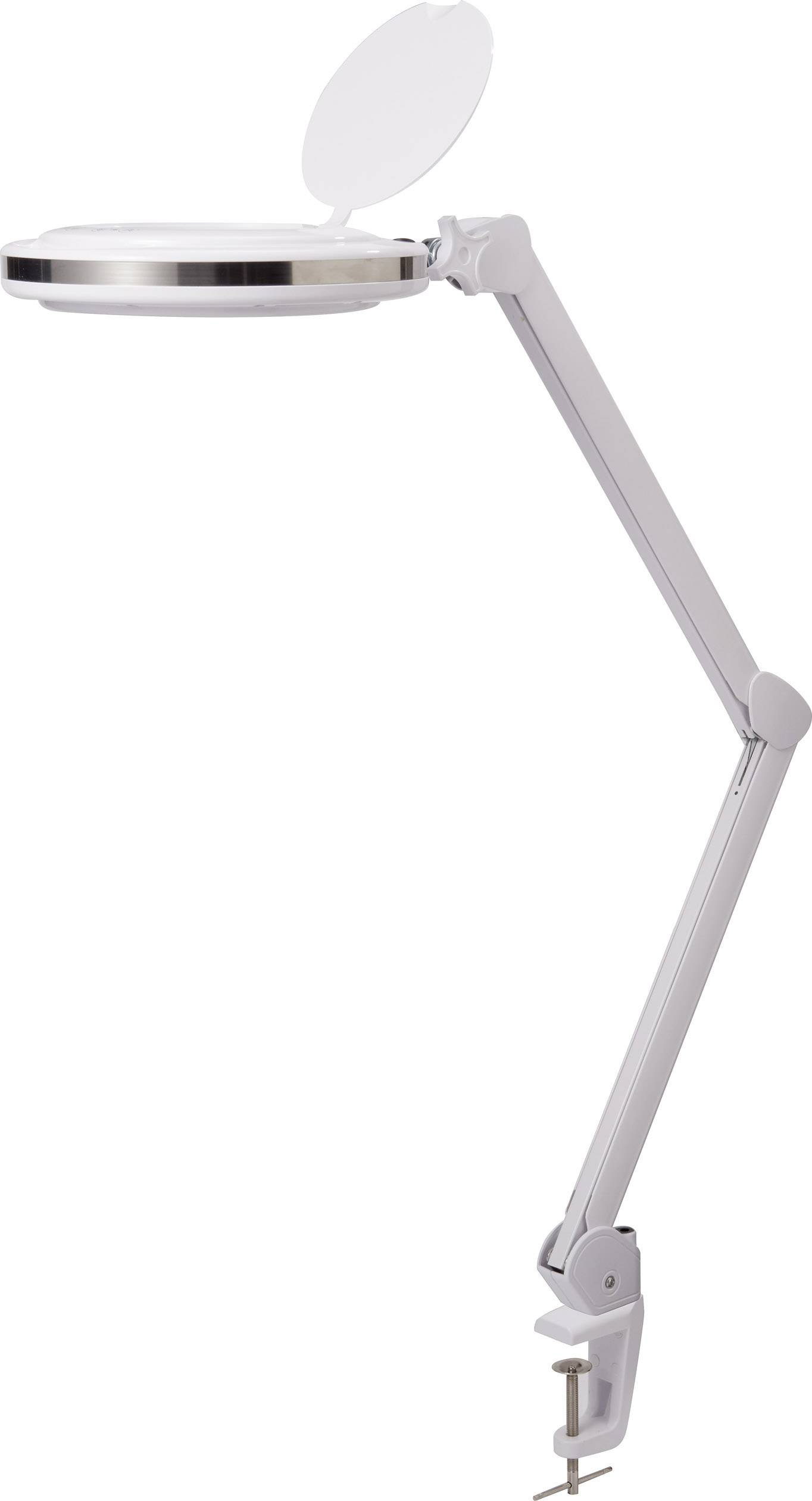 En vit skrivbordslampa med justerbar arm och klämfäste för montering vid bordskanten. Perfekt för precisionsarbeten.