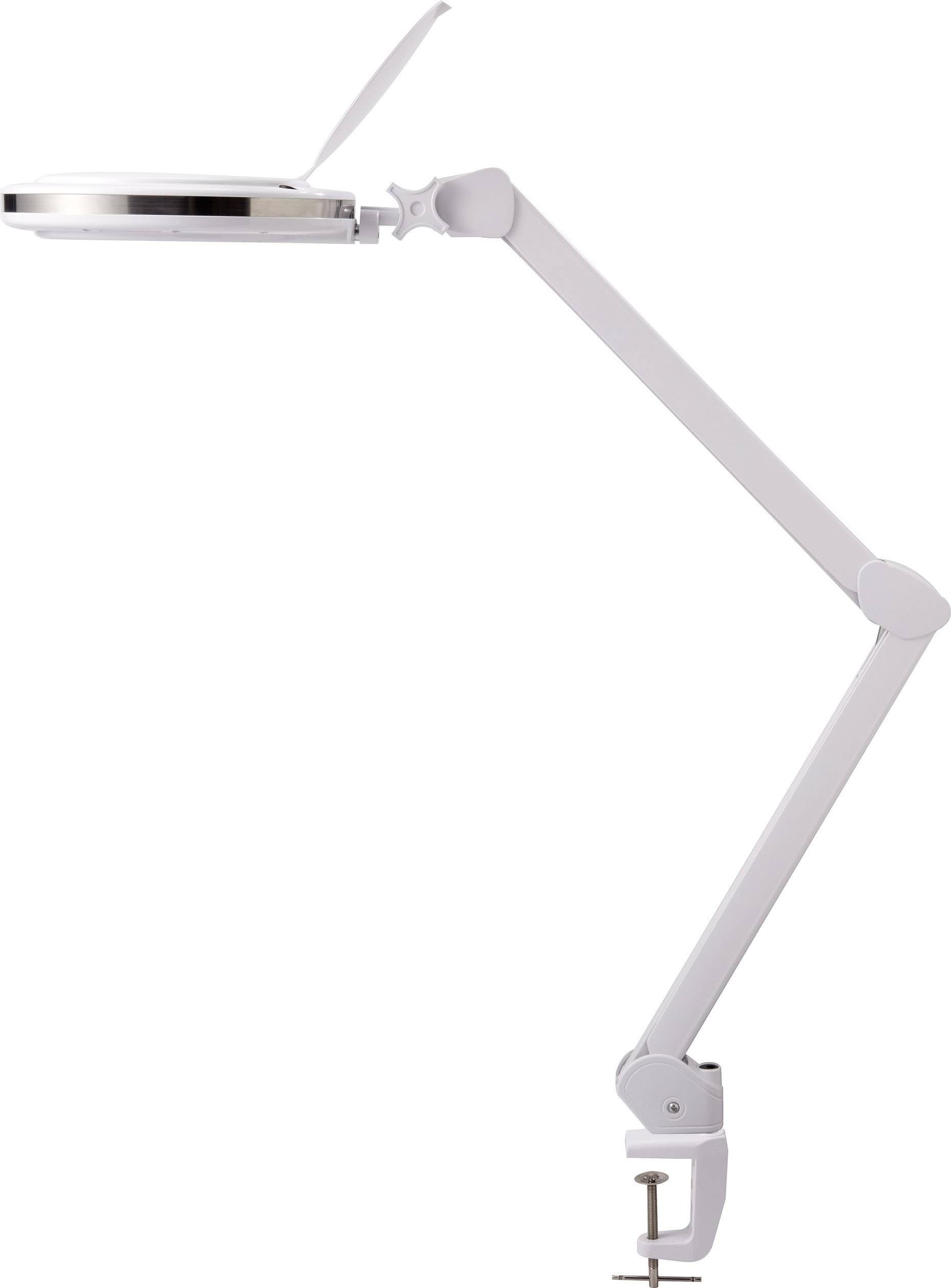 En vit skrivbordslampa med justerbar arm och klämfäste för bordskanten, lämplig för precisionsarbeten.
