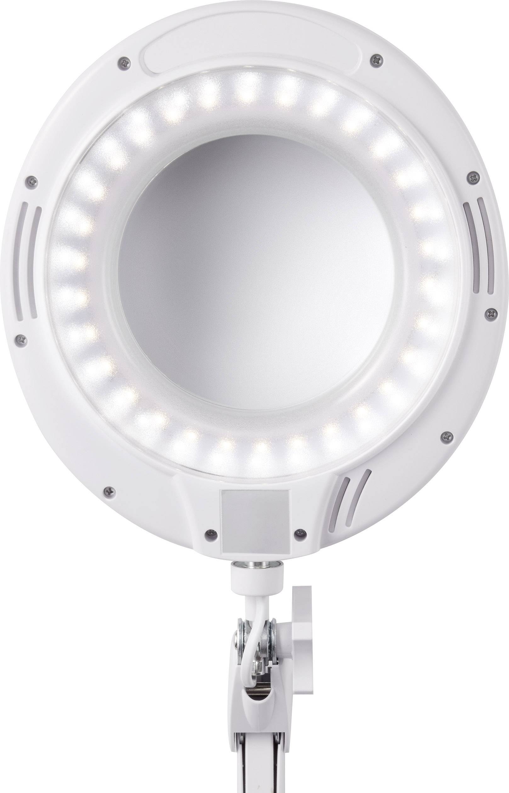 En rund, vit LED-lampa med en spegel i mitten, lämplig för sminkapplikationer eller detaljerat arbete.