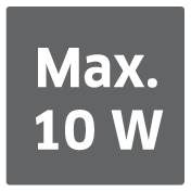 "Max. 10 W" står på en grå skylt med svart text.