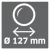 En symbol visar en cirkel med en pil under som anger diametern till 127 mm.