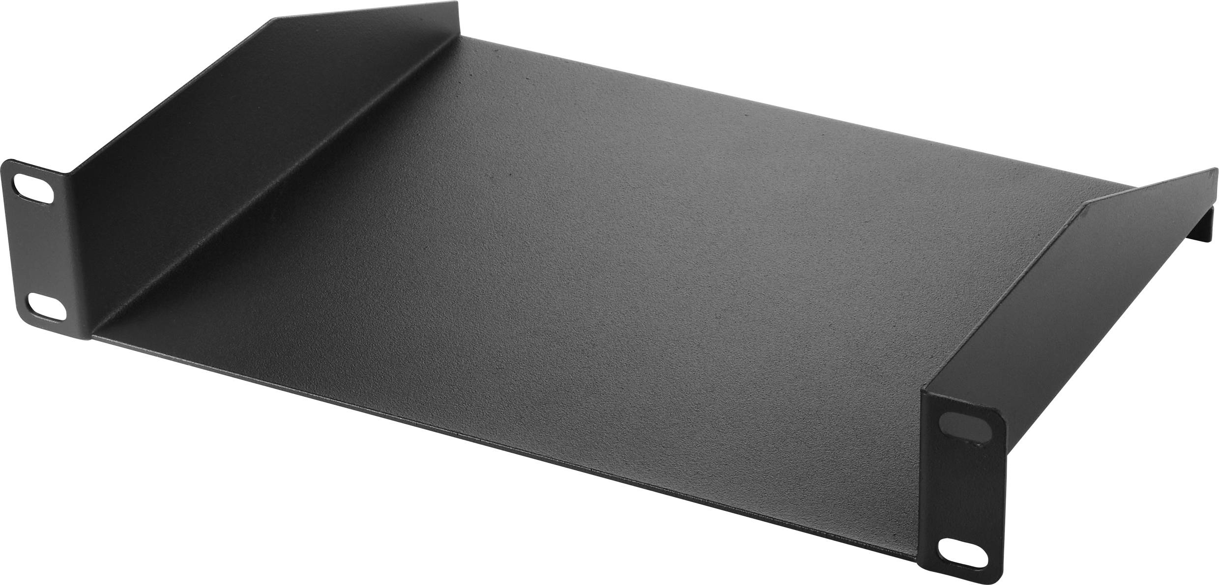 Svart metallhylla med förhöjda sidokanter, lämplig för montering i ett 19-tums rack, visar stabilitet och hållfasthet.