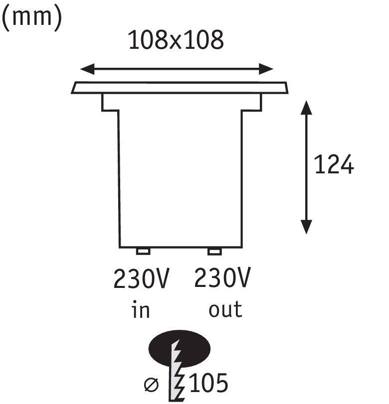 Teknisk ritning av en kvadratisk inbyggnadsarmatur. Mått: 108x108 mm, inbyggnadsdjup 124 mm, håldiameter 105 mm. Spänning: 230V ingång/utgång.