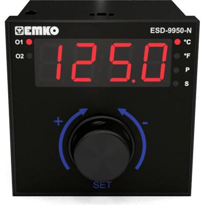 'EMKO ESD-9950-N' temperaturregulator med rött LED-display visar '125.0'. Reglervred i mitten nedanför.