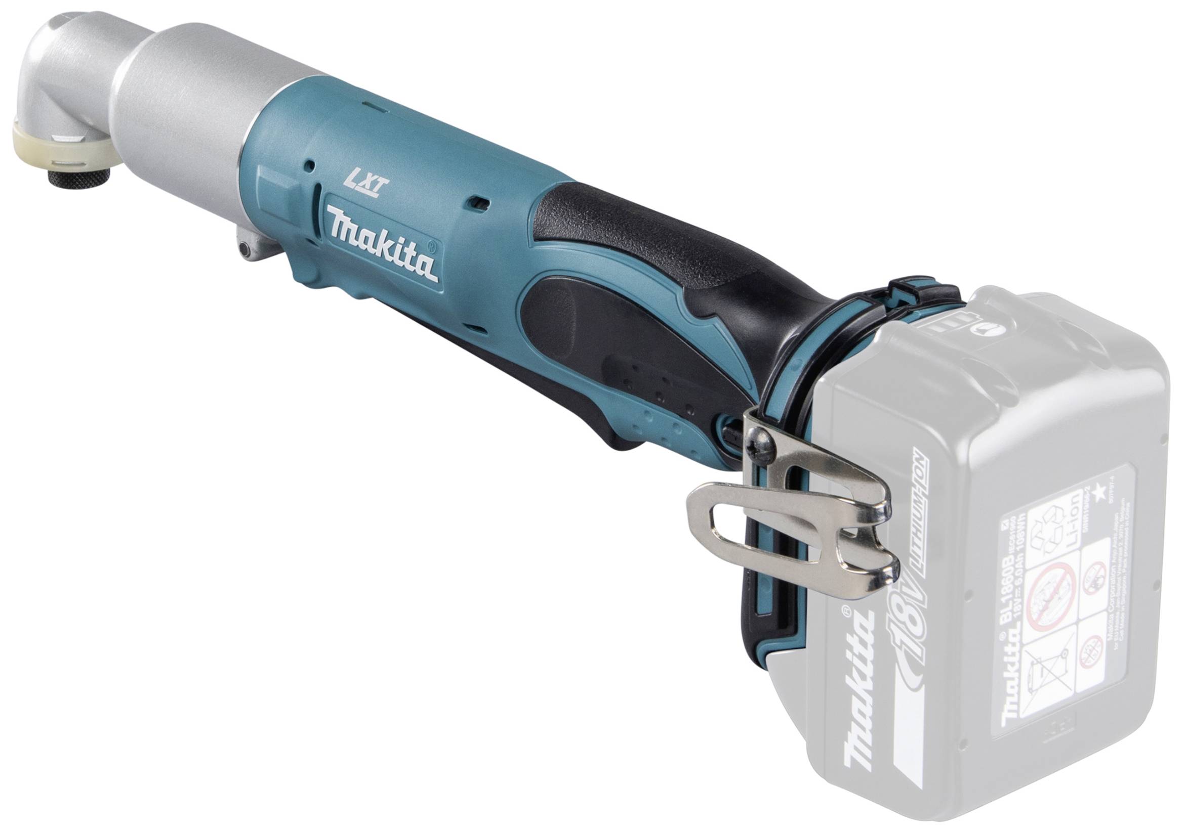 En sladdlös, blå vinkelslagskruvmejsel från Makita med batteri och ergonomiskt handtag. Lämplig för svåråtkomliga platser.