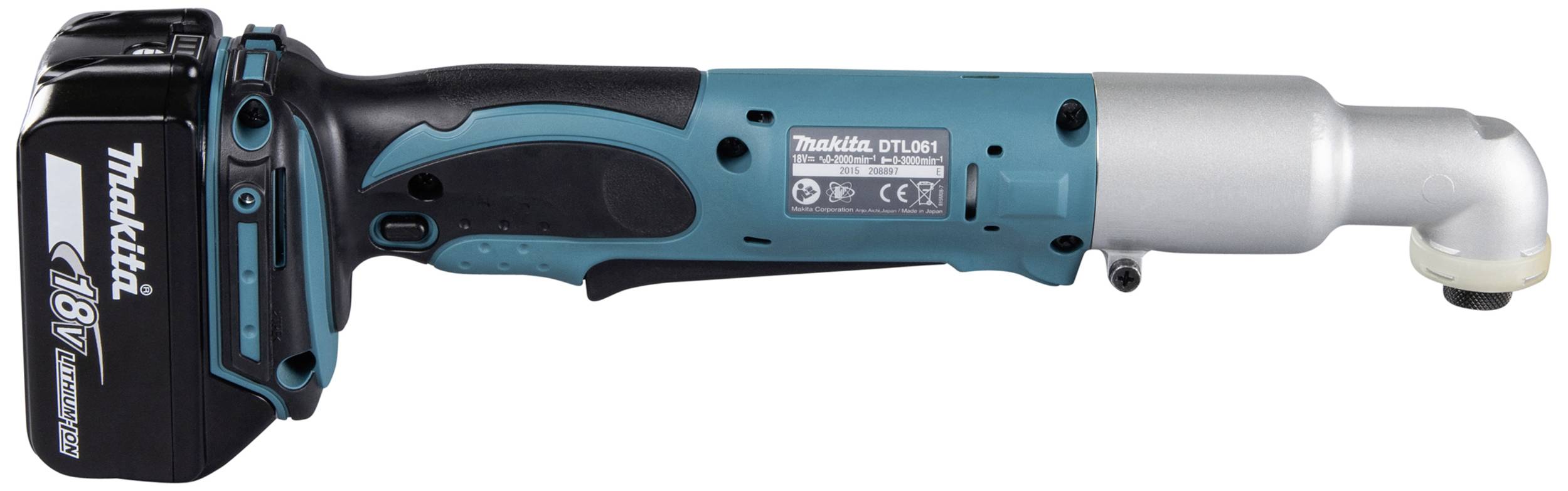 En Makita-vinkelsladdborrskruvdragare i blå-svart, med 18V batteri. Perfekt för precisionsarbeten i svåråtkomliga områden.