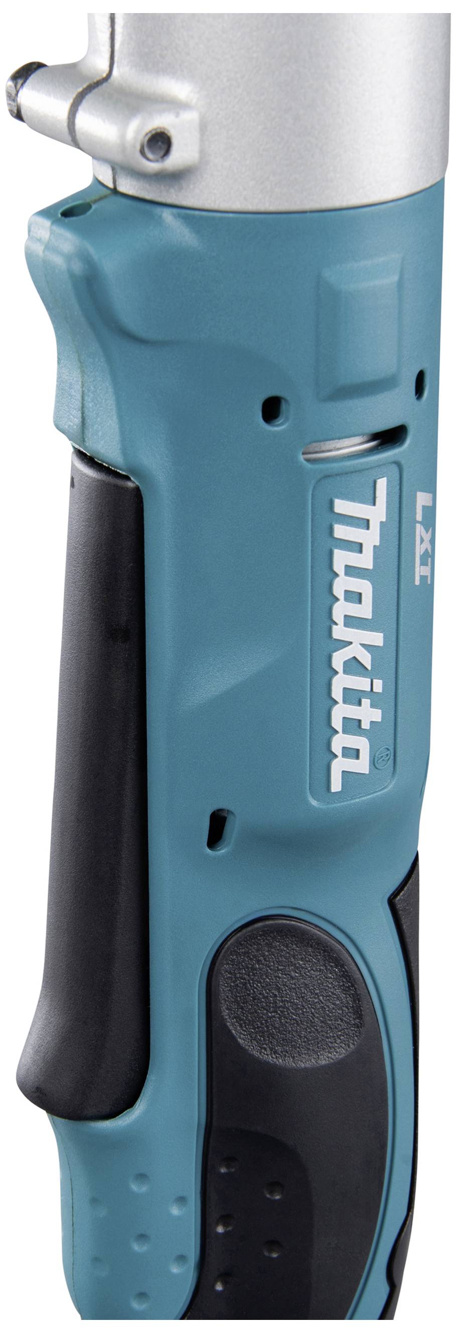 Ett blått, långt handtag på ett elverktyg från märket 'Makita LXT', med ergonomisk design och svart gummigrepp.