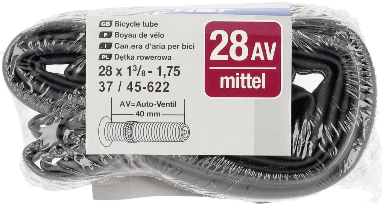 Förpackad cykelslang märkt med storlek '28 x 1 3/8 - 1,75' med hänvisning till bilventil.