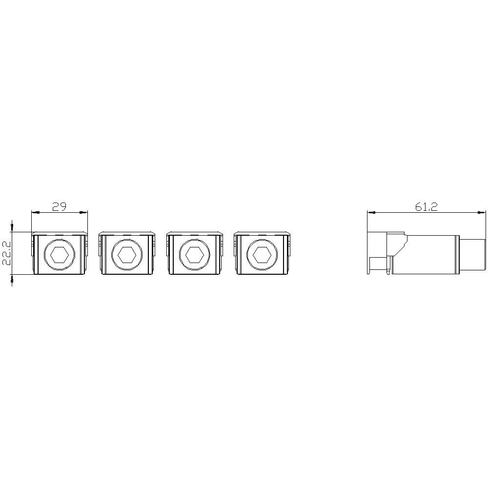 Fyra kvadratiska moduler bredvid varandra i ett kopplingsschema; dimensioner 29 x 22 mm; total bredd med höger förlängning 61,2 mm.