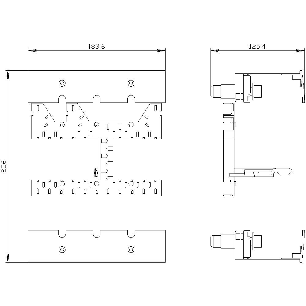 Ett tekniskt diagram visar en mekanisk komponent med dimensioner på 183,6 mm x 125,4 mm x 235 mm i tre vyer.