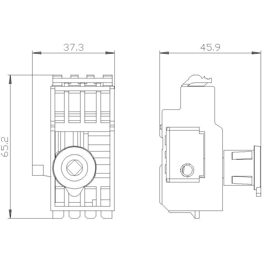 Teknisk ritning av en elektrisk strömbrytare med front- och sidovy. Mått är 37,3 mm x 65,2 mm och 45,9 mm.