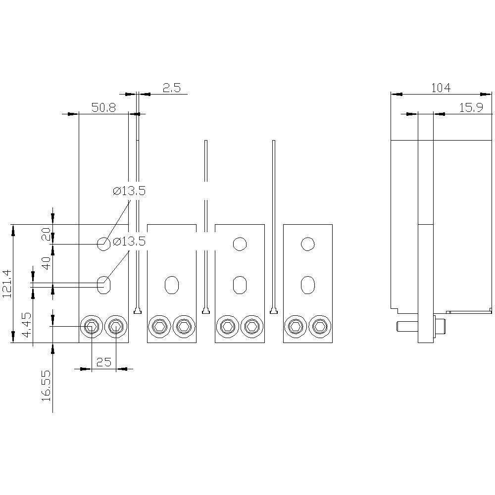 Teknisk ritning av en elektronisk komponent med mått i millimeter. Visar fram-, sido- och ovanifrånvy med exakta dimensioner.