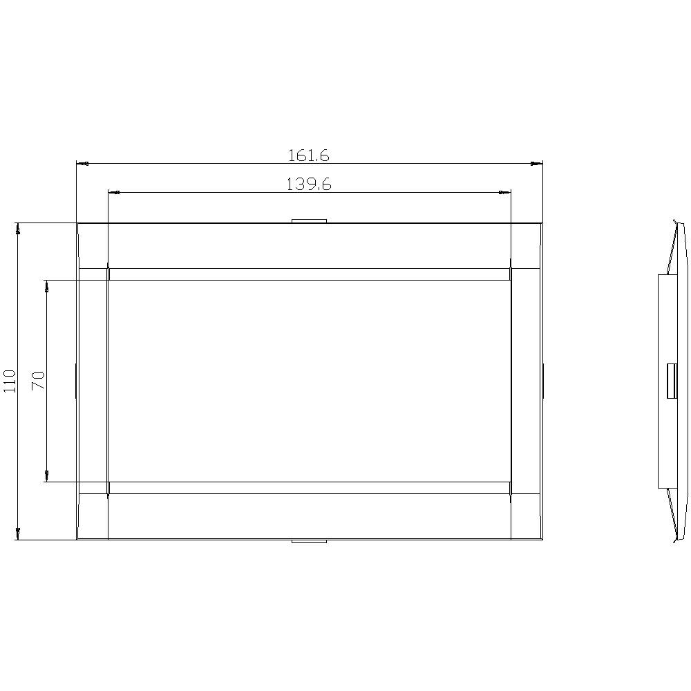Teknisk ritning: Rektangulär yta med måtten 161,6 x 110, sidovy visar djup. Måtten betonar dimensionerna.