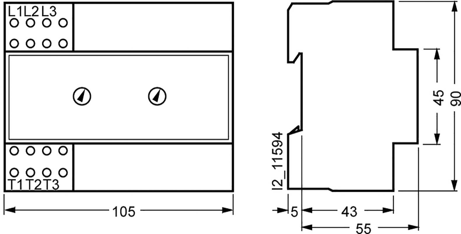 Diagram över en elektrisk komponent med mått: bredd 105 mm, djup 55 mm och höjd 90 mm, visar anslutningar L1, L2, L3, T1, T2, T3.