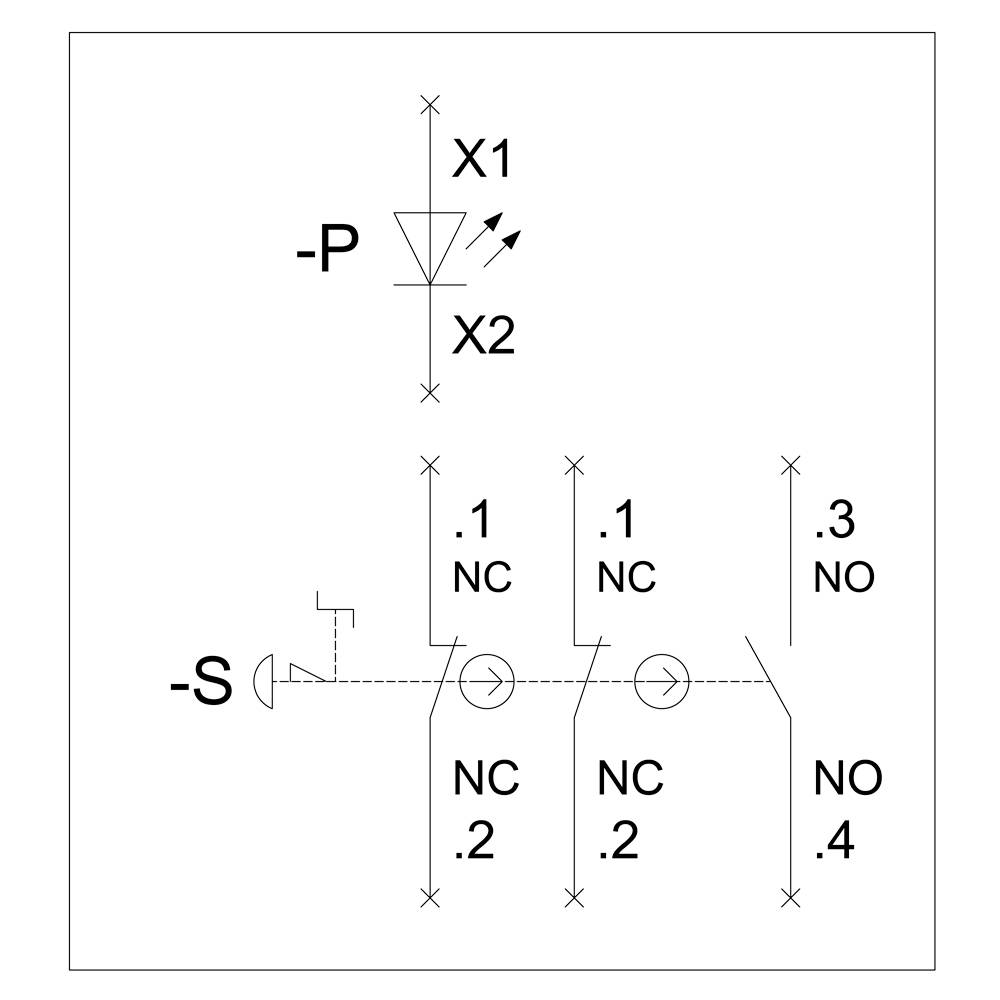 Pneumatiskt switchventil: Symbol X1 för lampa, X2 för switch. Schematisk representation av ventiler NC .1, .2, och NO .3, .4.