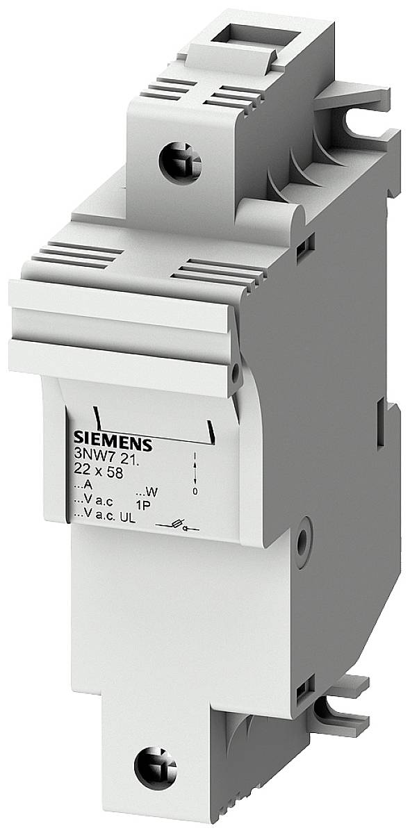 En grå säkringshållare från Siemens, modell 3NW7 21. Format 22 x 58, för elektriska säkringar, sedd från sidan.