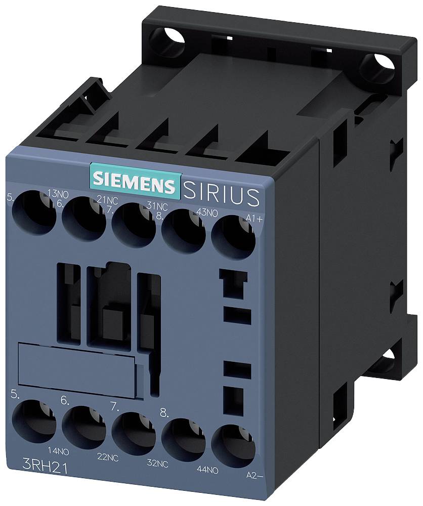 En blå Siemens Sirius kontaktor 3RH21, framtill vänster sju anslutningsklämmor, till vänster en rörlig spak, ovanpå en fästningsram.