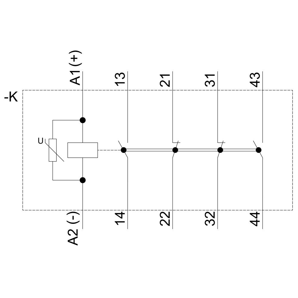 Ett kopplingsschema visar en enkel elektrisk krets med ett relä som styr fyra omkopplarkontakter (14, 22, 32, 44).