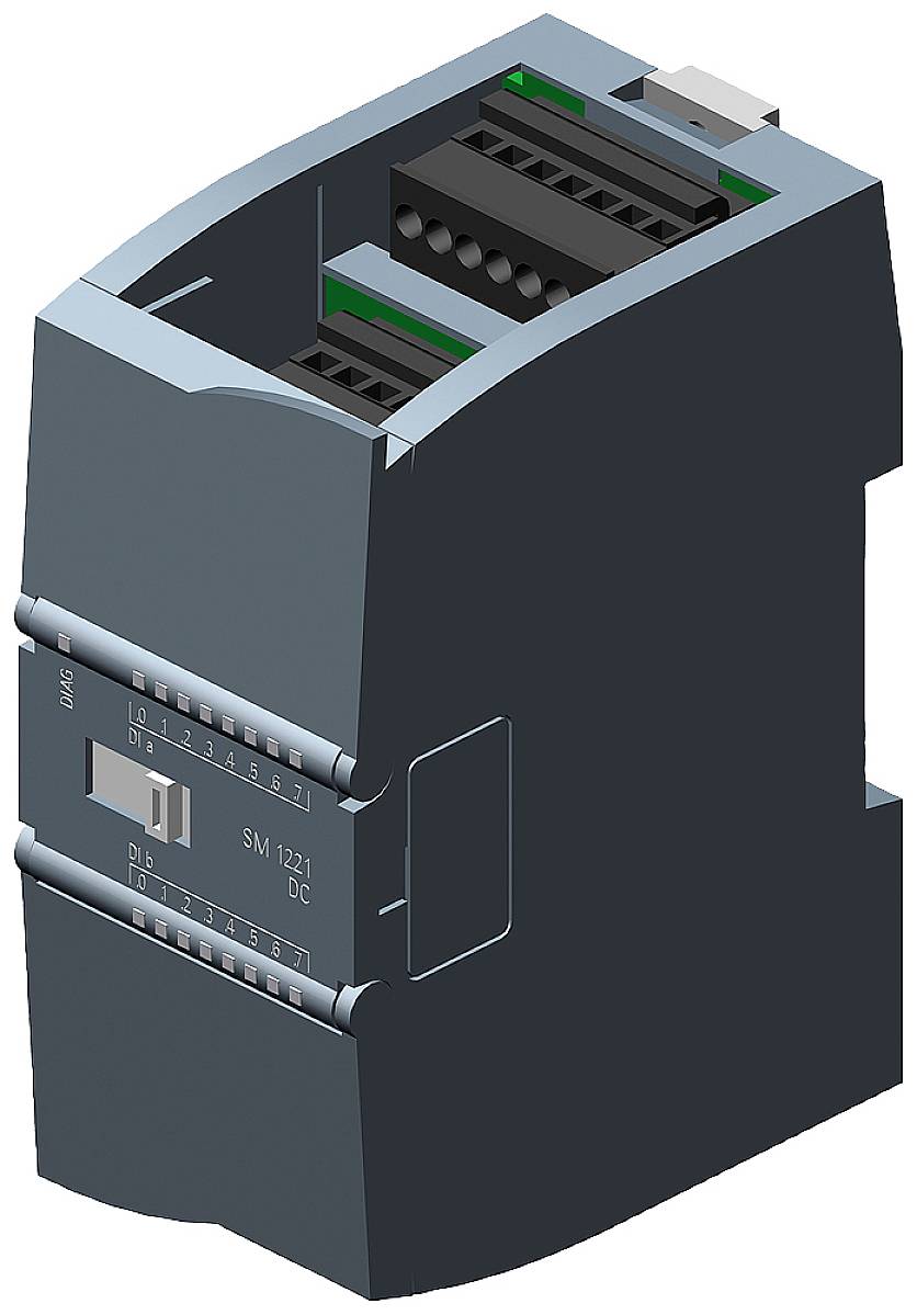 En grå elektronisk modul med kontaktdon ovanpå och undertill, omkopplare på framsidan. Det är en DC-modul SM 1221.